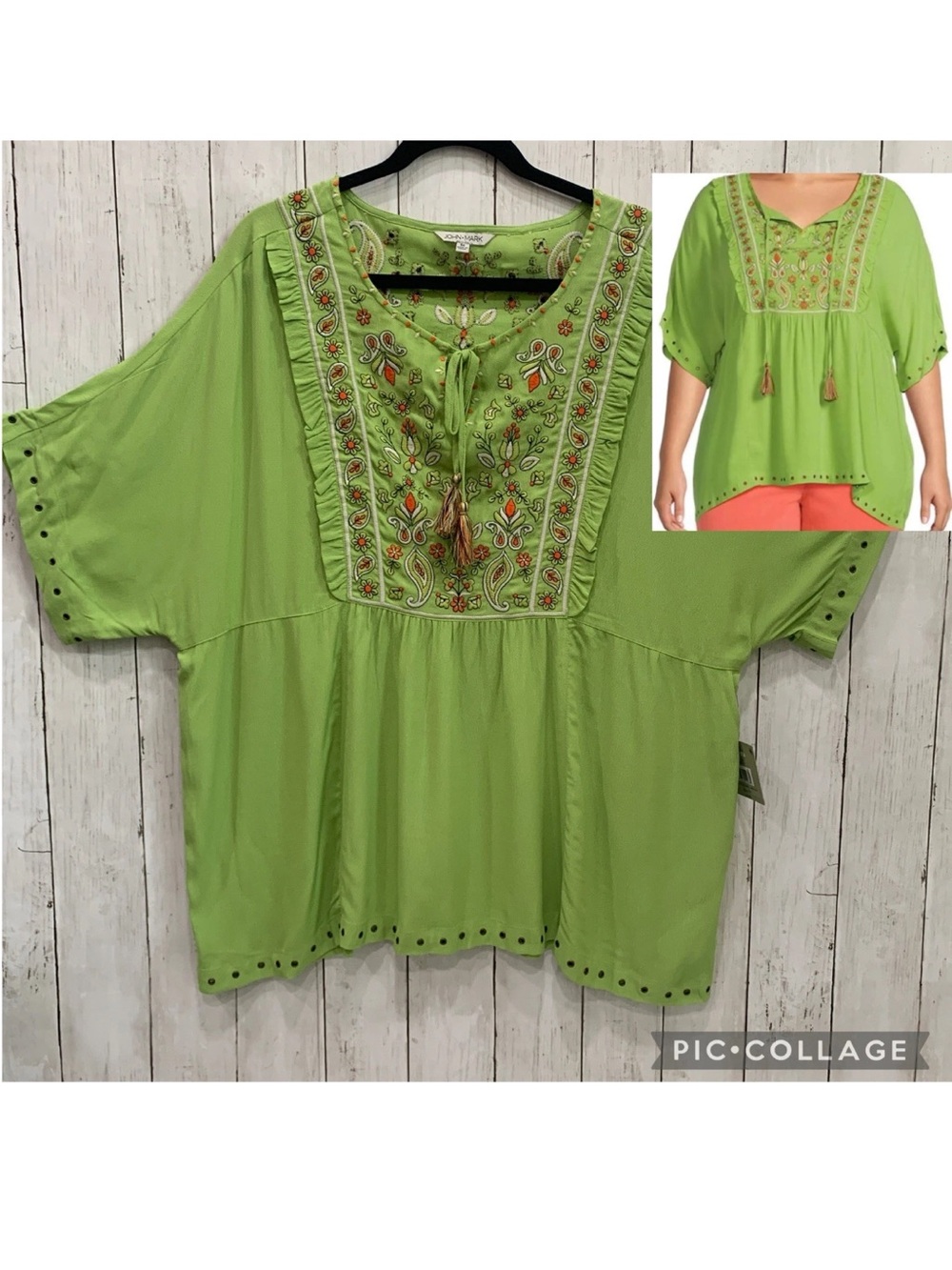 John Mark Embroidered Top 1X Green Tassel Neck Tie Grommets Boho Short Sleeve